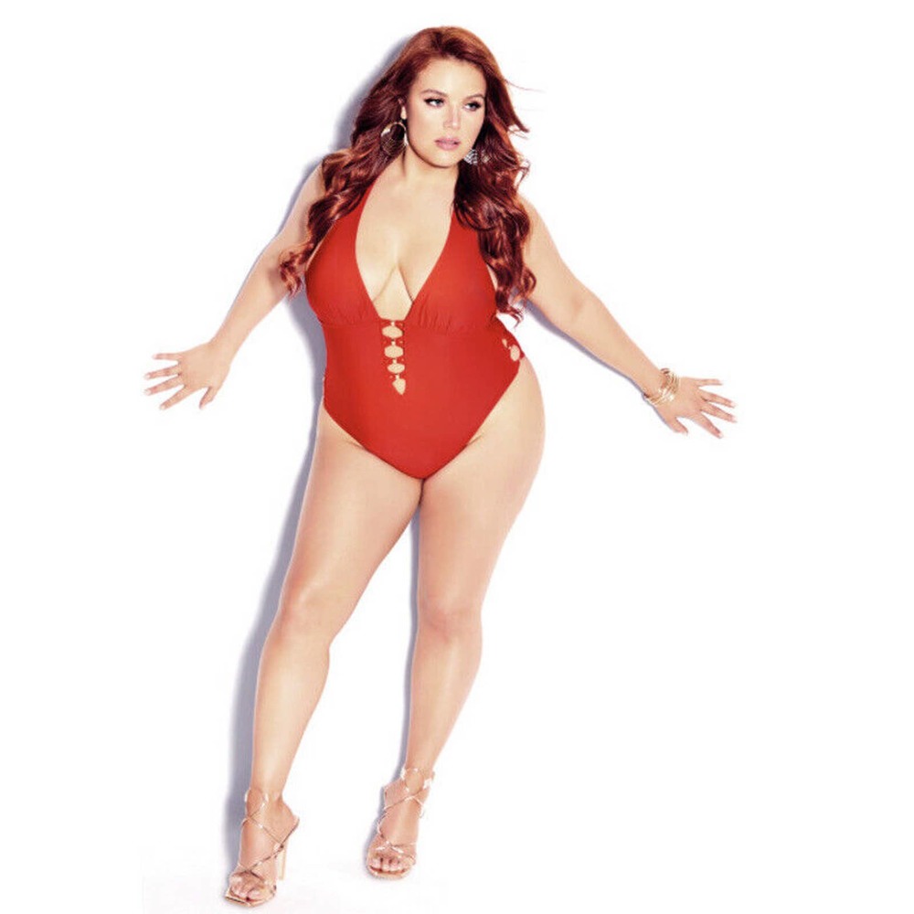New City Chic Womans Swimsuit Sz 16 Tigerlilly Red Gidget One Piece High Leg NWT